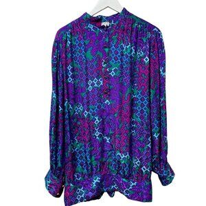 Vintage Silk Blouse Size 16 Anne Crimmins for Umi Collections 90s Purple Print